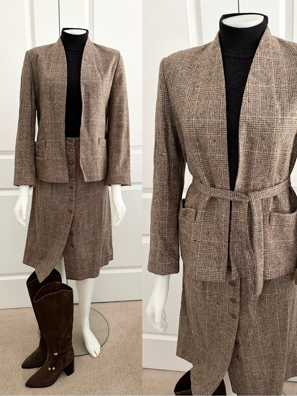 Vintage 1970s 100% Wool Brown Tweed Two Piece Suit - Blazer Jacket & Midi Skirt